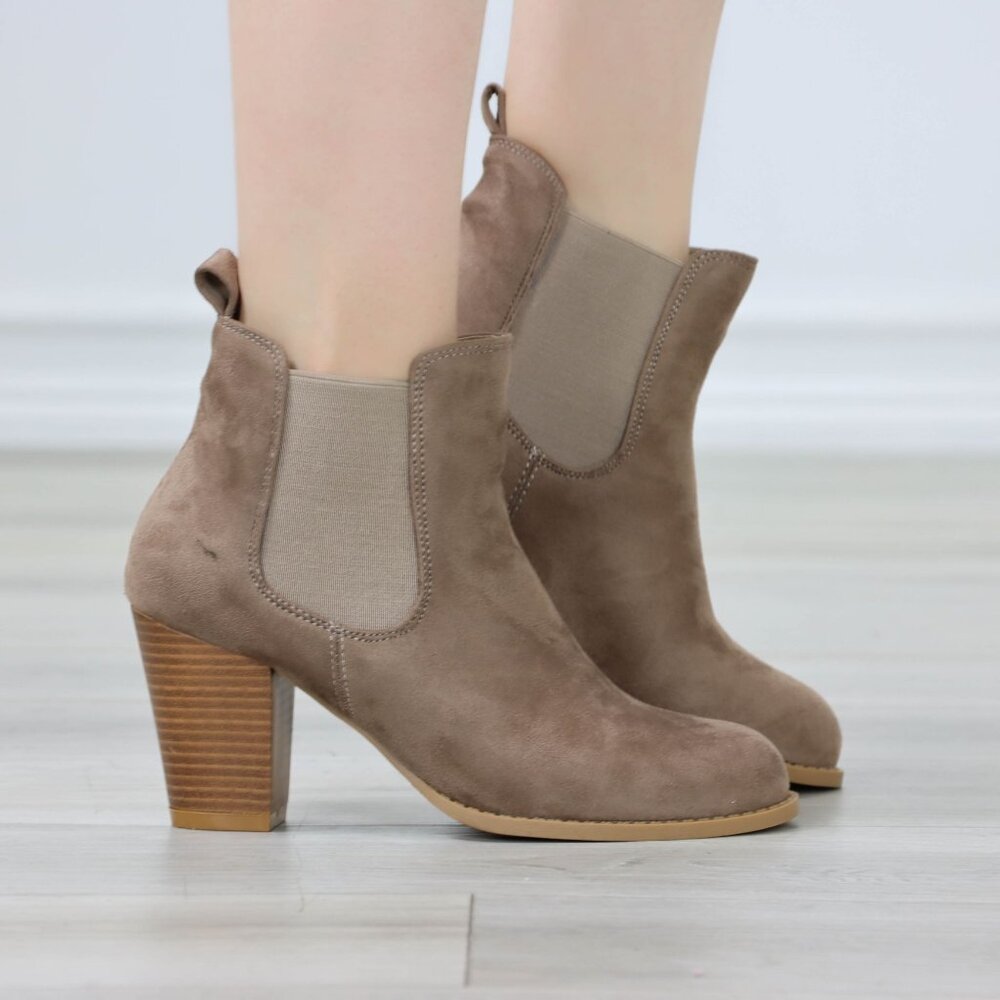Womens Ankle Boots High Heel Tan Elastic Gore Synthetic Suede Round Toe - Picture 11 of 11